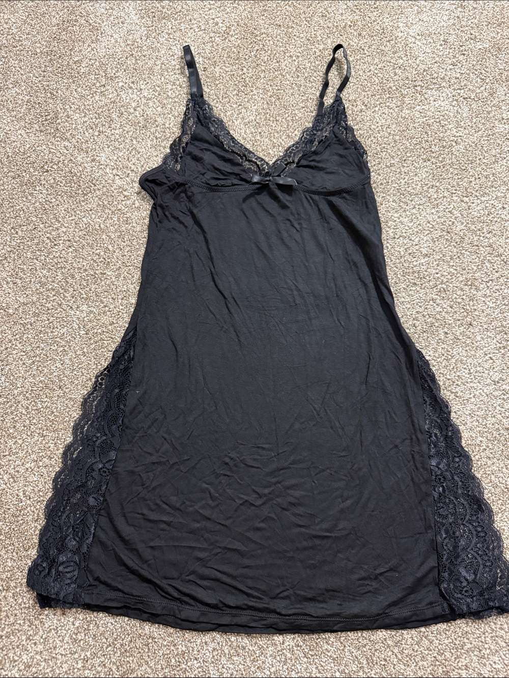 Lace-Trim Black Slip Chemise with Adjustable Straps